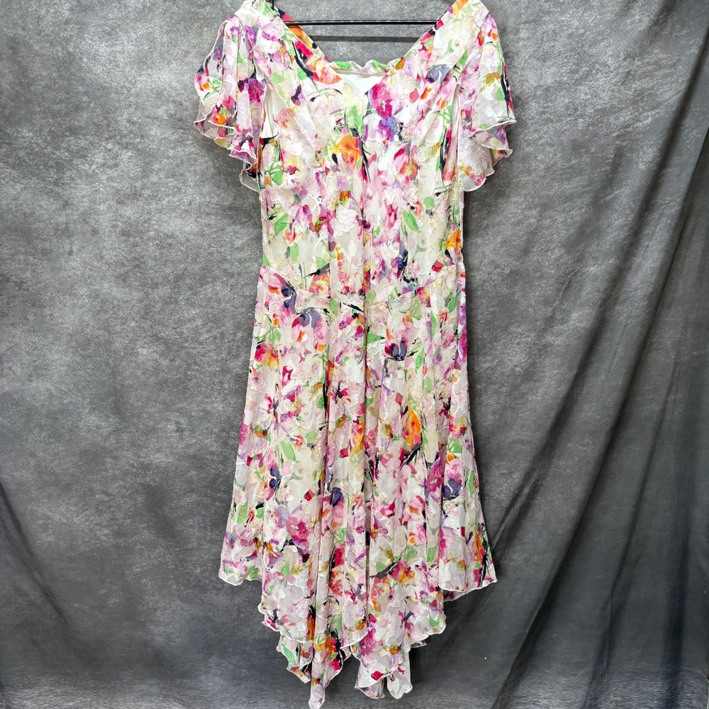 Robbie Bee Fairy Dress Size 14 White Colorful Floral Burnout Sheer Asymmetric